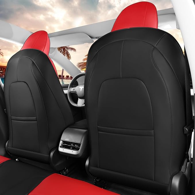 Seat Cover for Tesla Model 3 2017 2018 2019 2020 2021 2022 2023 Custom Fit Leather Car Interior Seat Cushion Cover Compatible Airbag Full Set (Red+Black-3)
