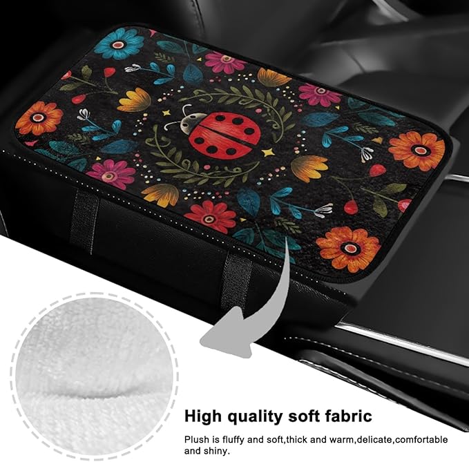 CLOHOMIN Cute Ladybug Center Console Armrest Cover for Car Sedan Van Flannel Car Armrest Cushion Winter Automobile Arm Rest Cushion Pad Flowers Auto Decoration Accessories