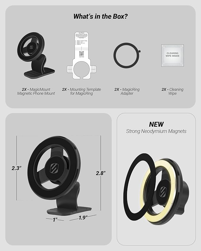 Scosche MagSafe Car Mount, Magnetic Phone Holders for Your Car Dashboard, Strong Magnetic Hold, 360° Rotatable Car Phone Holder Mount for iPhone 17 16 15 14 13 12 Includes Magnetic Ring, 2-Pack