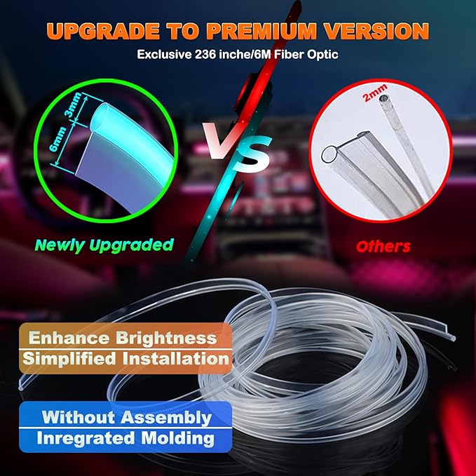 Jushope Car LED Lights, Interior Car Lights with Wireless APP/RF Remote/Button Control, Car Ambient Lighting Kit with 236" Integrated Molding Fiber Optic RGB Sync to Music (USB)