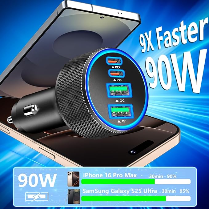 [Apple MFi Certified] iPhone 17 Car Charger, Rombica 4-Port 90W USB-C&USB-A Car Power Cigarette Lighter PD/QC Fast Car Charger + Type-C Braided Cord for iPhone 17/17 Pro/16 Pro/15/Galaxy S26/S25/Pixel