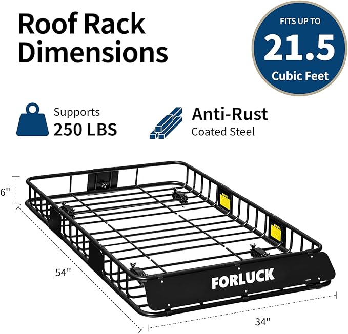 Forluck 54 x 34 x 6 Inch Universal 250 LBS Heavy Duty Roof Rack Cargo Carrier with Waterproof Bag, Extension Rooftop Cargo Carrier, Car Top Luggage Holder for SUV, Truck or RV Steel Construction