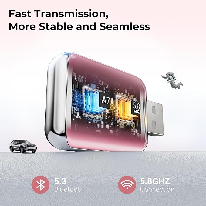 Wireless Carplay Adapter for iPhone, Convert Wired Car Play to Wireless, 2 in 1 Plug and Play Mini CarPlay and Android Auto Adapter for iOS 10 Android 11 and Above, Cars with Built-in Carplay (Pink)