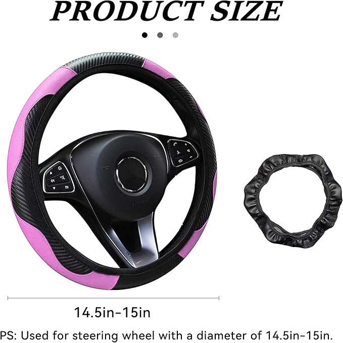 Car Steering Wheel Cover, 15 inch Carbon Fiber Microfiber Anti-Slip Breathable PU Leather Elastic Steering Wheel Protector, Car Interior Accessories for Most Cars (Pink)