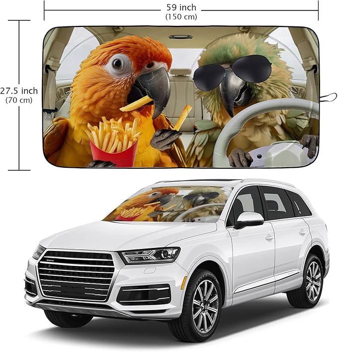 Funny Parrot Car Windshield Sun Shade Foldable Sunshade Front Window Cover Sun Visor Protector Accessories (59x27.5 inches)