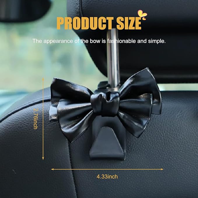 2 Pack Car Seat Headrest Hooks, Cute Bow Design Backseat Hook Storage Organizer for Purses, Handbags, Coats, Umbrellas, Cute Car Accessories for Women and Girls (Black Leather)