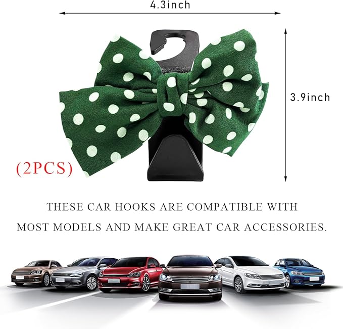 2 PCS Car Seat Headrest Hooks, Cute Bow Shaped Vehicle Backseat Storage Hooks, Leather Bow Shaped Sturdy Car Seat Back Hooks for Purses/Coats/Umbrellas, Car Accessories (Green Dot)