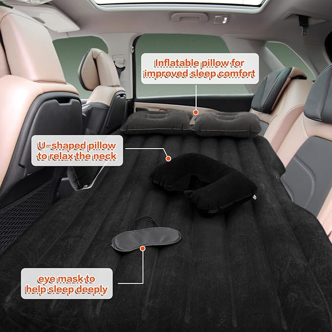 Tallew 12 Pcs Car Air Mattress Back Seat Inflatable Bed, 52 x 31.8 in Thickened PVC Flocking Leak Resistant Air Bed for SUV Truck Car Camping with Window Shade Curtain Portable Travel Sleeping Set