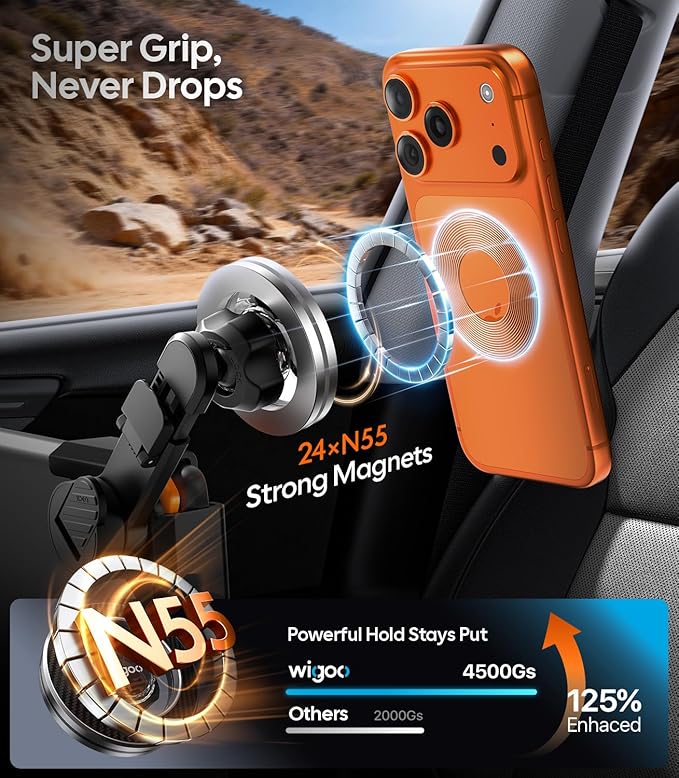 Wigoo Magnetic Phone Mount for Tesla Model 3/Y/S/X Accessories, 【Strongest Magnet & No Blocking View】Screen Side Magnetic Holder for Magsafe iPhone 17-12 & Android - Vacuum & Extendable Arm (No Glue)