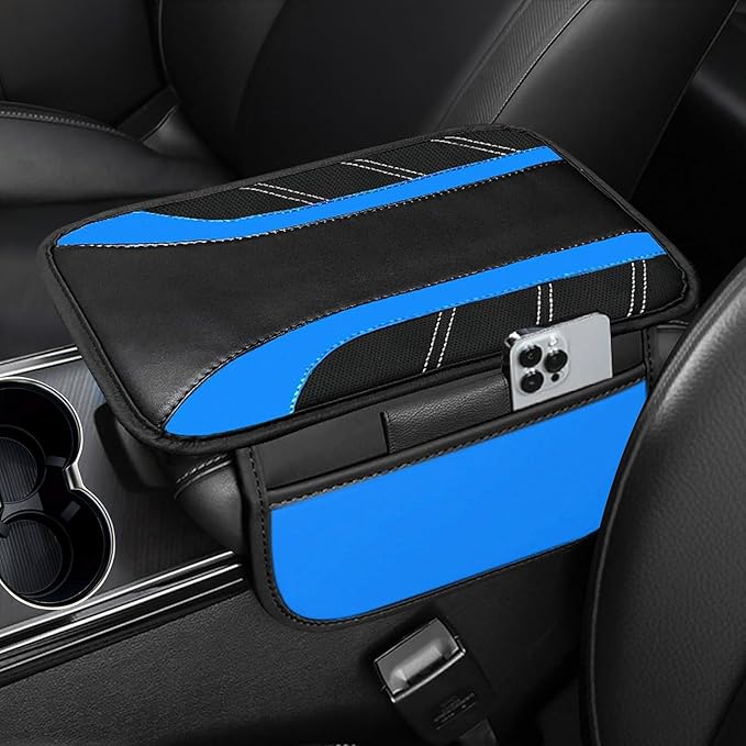 NBTEPEM Blue Center Console Cover, Sporty Leather Armrest Cover Cushion with 2 Storage Pockets, Universal Auto Middle Console Protector, Car Interior Accessories for Most SUV, Truck, Sedan Vehicles