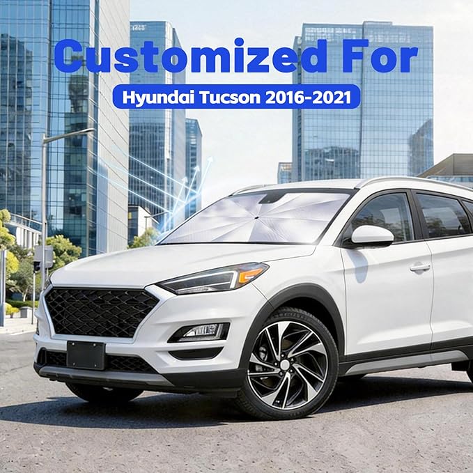 Windshield Sun Shade for Hyundai Tucson 2016-2021, Umbrella Car Shades with 360°Rotating Shaft, Foldable Front Window Sunshade for UV & Heat Protection