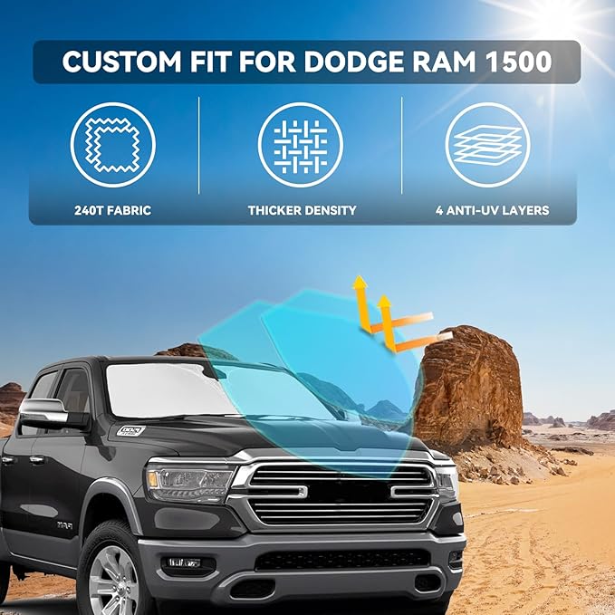 for Dodge Ram 1500 2011-2018 Windshield Sun Shade - 4 Layers Car Sunshades for Front Windows Shade Cover Custom Fit Ram 1500 Sun Visor 250T Retractable Shade Blocks UV Rays Car Accessories
