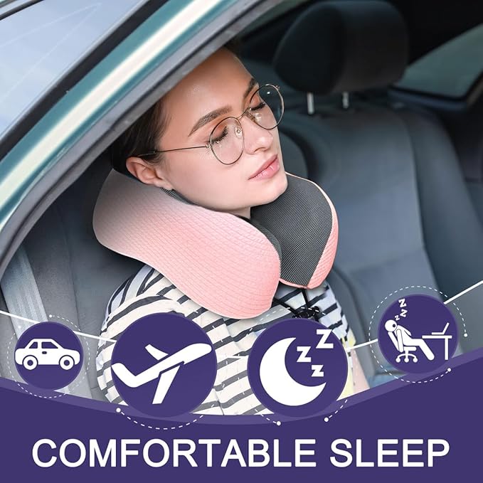 napfun Neck Pillow for Traveling, Upgraded Travel Neck Pillow for Airplane 100% Pure Memory Foam Travel Pillow for Flight Headrest Sleep, Portable Plane Accessories, Pink Striped Kit