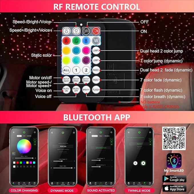 Starlight Headliner Kit,Twinkle + Music Sync Dual Color Fiber Optic Star Ceiling Lights with APP Remote Control, RGBW Star Lights for Car/Home Ceiling Decor, 600pcs 9.8ft