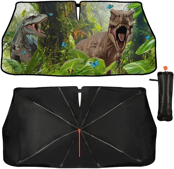 CHILL·TEK Funny Animal Car Windshield Sun Shade Umbrella, Cute Dinosaur Car Sun Shade Umbrellas, Block UV Rays Heat Foldable Windshield Umbrella Sun Visor Protector - Keep Vehicle Cool for Cars SUV