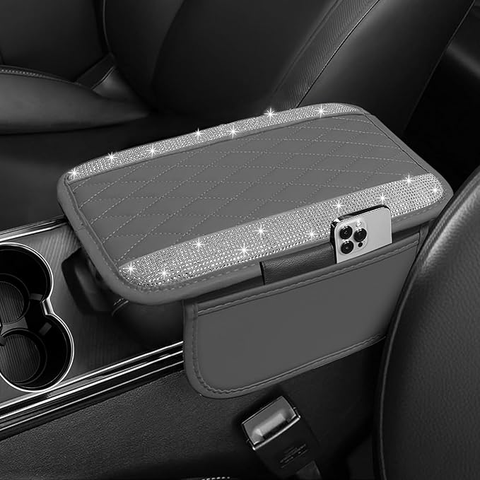 NBTEPEM Bling Gray Car Center Console Cover, Leather Car Arm Rest Cover with 2 Storage Bags, Universal Auto Armrest Protector Storage Box, Bling Accessories Interior for Most Vehicles