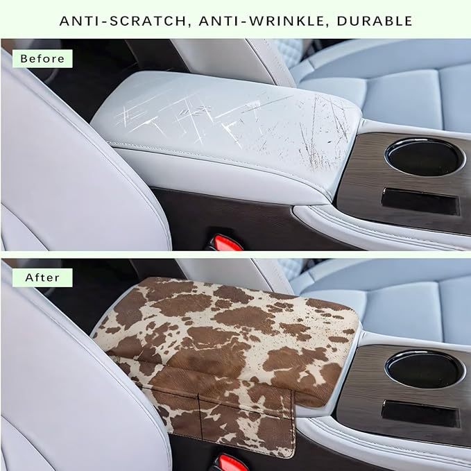 Wanyint Brown Beige Cow Print Car Center Console Pad Comfortable Armrest Box Protector Soft Hand Rest Pillow for Car Seat Organizer Arm Rest Cushion Protective Cover Automobile Decor