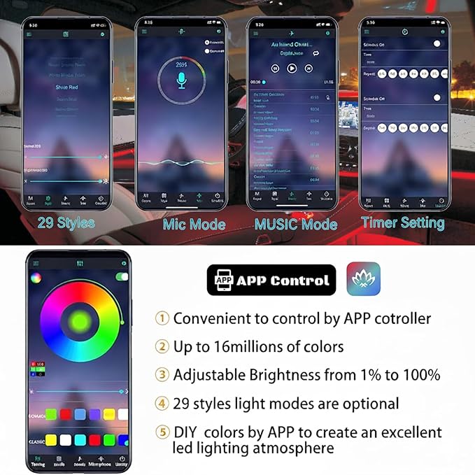 Interior Car LED Strip Lights RGB Fiber Optic Trim Lighting 5 in 1，Wireless APP Ambient Lighting Kits 236 inches Fiber Optic, 16 Million Colors Car Neon Lights, Music Sync