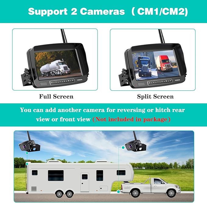 Wireless Backup Camera, 7 Inch Monitor Rear View Camera System for RV, Trailers, Trucks, 5th Wheels, Support 2 Cameras, IP69 Waterproof 18 LED IR Night Vision 152° View Camera, DIY Guide Lines