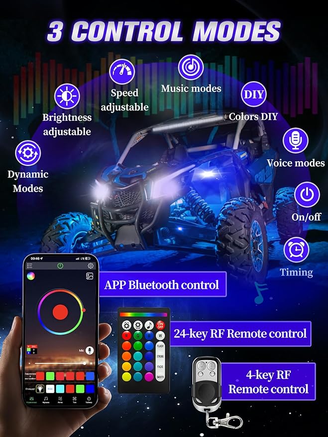 8 Pods 5-Sides Full Angle RGB LED Rock Lights High Brightness 36 Beads RGB 5050 IP68 Waterproof Underglow Multicolor Zone Neon Exterior Rock Lights for 12V Trucks Jeep UTV ATV RZR Offroad Pickup SUV