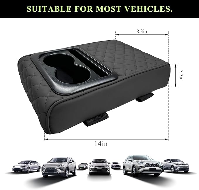 Car Center Console Armrest Pillow, Leather Auto Arm Rest Cover Protector with Cup Holder and Phone Holder, Memory Foam Armrest Cushion for Most Vehicles (Black, Diamond Pattern)