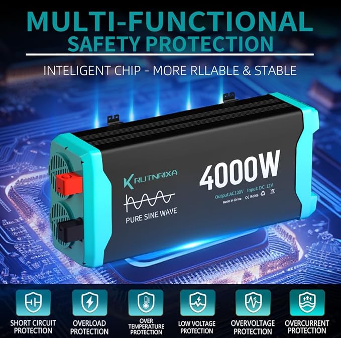 4000W Pure Sine Wave Inverter Peak 8000w 12V DC to 120V AC for RV, Truck, Off-Grid, Home, Solar Car Power Inverter with Dual AC Hardwire Port, 20A Socket, 5V 2.1A USB