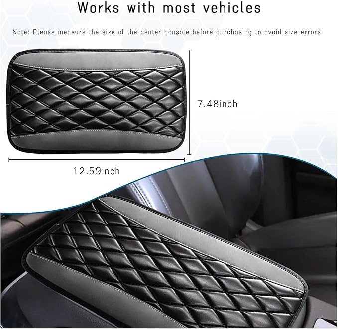 Car Center Console Cushion Pad, Universal Leather Waterproof Armrest Seat Box Cover, Comfortable Auto Armrest Cover Protector, Car Interior Decor Accessories for Most Vehicles (Black & Gray)