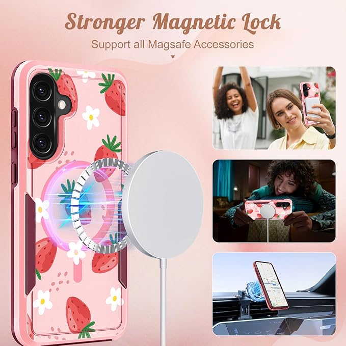 for Samsung Galaxy A36 5G Phone Case - Compatible with MagSafe Women Girls Cute Magnetic Protective Cover Girly Kawaii Strawberry Heavy Duty Shockproof Design for Samsung A36 5G Cases 6.7"