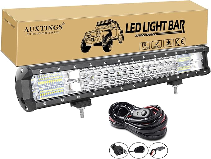 AUXTINGS 20 inch 288W LED Light Bar Triple Row Spot Flood Combo Beam Off Road Lights Waterproof Work Light with Wiring Harness for Jeep Trucks SUV ATV UTV Boat Lights, 12V 24V
