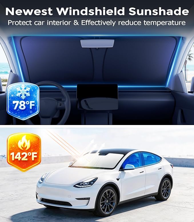 DMJN Windshield Sun Shade for Tesla New Model Y, Y & 3 (2017-2026), Car Sunshade for Front Windshield [100% Efficient Block UV & Scorching Sun] UPF50+ Heat Block - Protect Interior & Keep Cooler