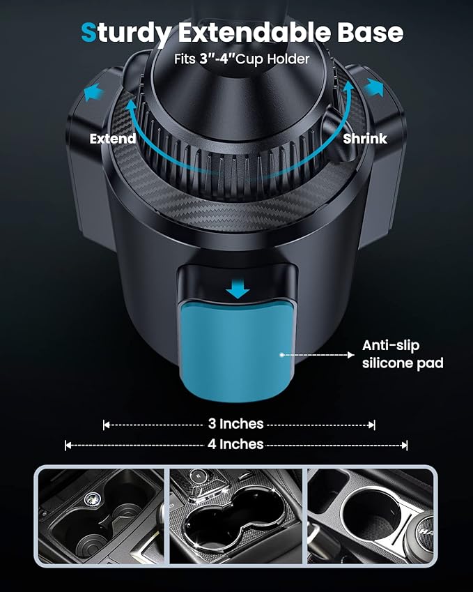 APPS2Car Dual Coil Wireless Car Charger Auto Clamping 15W Cup Holder Phone Wireless Charger Mount Fast Charge Tri-Pivots Height Adjustable Phone Holder Car Truck for iPhone 12-17, Samsung, LG, etc.