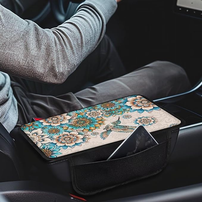 Hummingbird and Boho Mandala Print Car Armrest Cover Stretchy Car Armrest Cover Cushion Elastic Armrest Seat Box Cover Protector Center Console Armrest Cover Pad