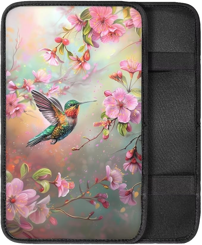 Flower Hummingbird Car Center Console Cover Armrest Pad Cover Universal Car Arm Rest Seat Storage Box Mat Non Slip Interior Accessories