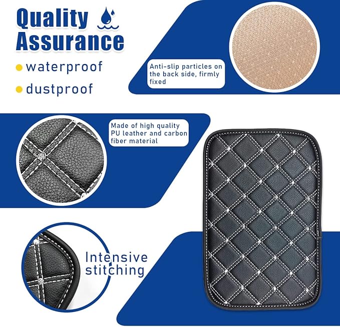 Ziciner Leather Car Center Console Armrest Pad, PU Waterproof Auto Seat Box Cover Protector, Hand Rest Cushion Protection Pad, Vehicles Interior Accessories Universal for Car,SUV (Black-White Line)