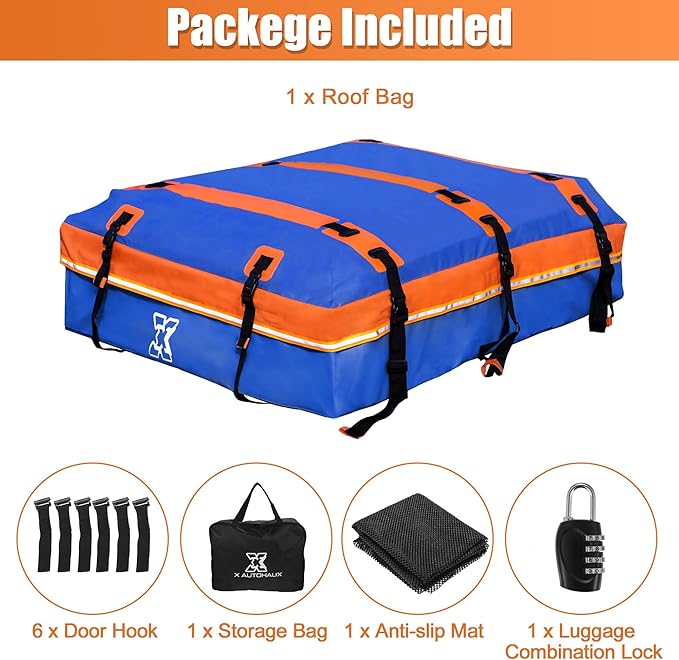 X AUTOHAUX 1000D PVC Waterproof Car Roof Bag Rooftop Cargo Carrier Bag Luggage Carriers for Cars with or without Rack Anti-Slip Mat 6 Door Hooks Set Blue - 15 Cubic Feet