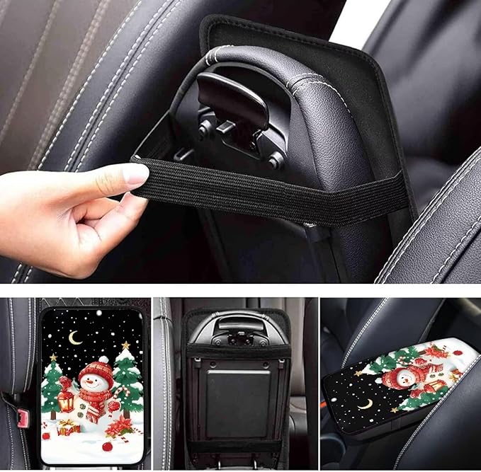 Snow Snowman Xmas Vehicle Armrest Covers Car Center Console Cushion Pad Middle Storage Organizer Pad Universal Style Car Interior Thanksgiving Decor