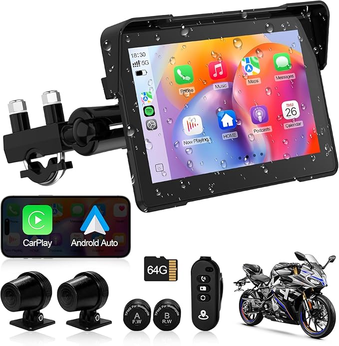 Artman Motorcycle Dash cam Front and Rear, 7'' IPS Touch Screen, Portable Motorcycle Carplay for Apple Carplay and Android Auto GPS Navigation System, TPMS Compatible, IP67 Waterproof & 64G SD Card