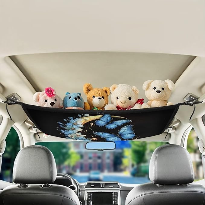Generic Butterfly Moon Ceiling Storage Net Pocket Car Roof Interior Cargo Net with Zipper, Double-Layer Mesh Roof Organizer, Breathable Mesh Bag, SUV Sundries Storage Pouch