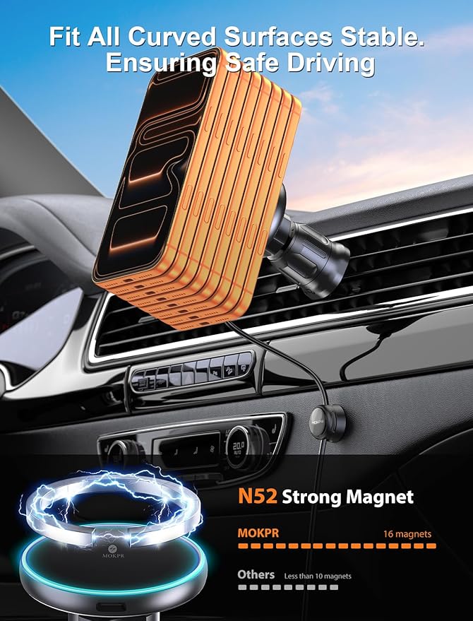 MOKPR for iPhone Magsafe Car Mount Charger, Wireless Car Charger Magnetic Car Phone Holder for Dash Air Vent-LED HandsFree Car Mount Fast Car Charger for iPhone 17/16/15/14/13/12 Series