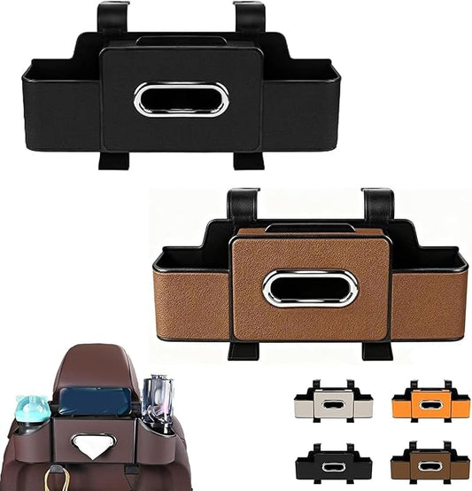 Car Organizers and Storage Box Behind Seat, Car Organizer Back of Seat, 4 in 1 Multifunctional Cars Organizer, For Snacks, Drinks, Bag Hook, Keep Tidy & Organized (Black+Brown)