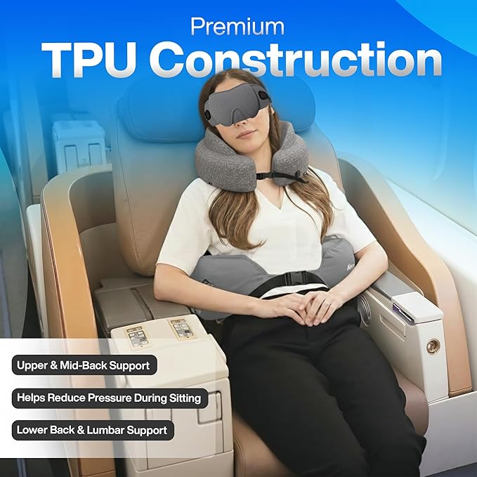 4-in-1 Travel Comfort Set Inflatable Neck Pillow, Convertible Lumbar Support & Foot Hammock, 3D Sleep Mask & Ear Plugs Complete Comfort Kit for Airplane, Office & Car Gift-Ready (Gray)