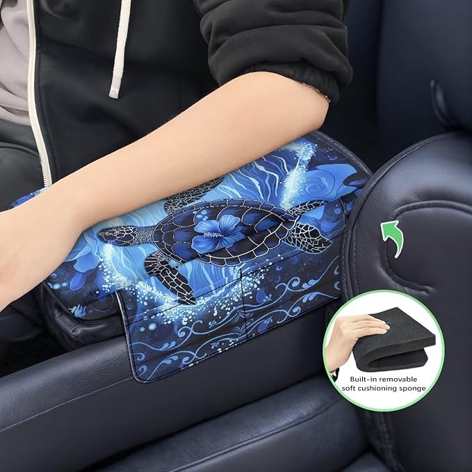 Wanyint Sea Turtle Hibiscus Car Center Console Cover Soft Armrest Cover Cushion with Pockets Storage Bag Scratch Resistant Arm Rest Covering Middle Console Pad Car Decor