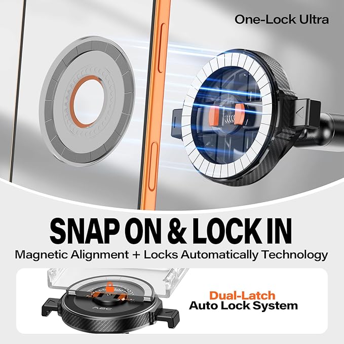A2C One-Lock Ultra Off-Road Truck Phone Mount, Magnetic Alignment with Automatic Dual-Latch Locking System, One-Hand Quick Release, 4.33" Heavy-Duty Vacuum Suction Cup, Anti-Shake Double-Rib Metal Arm