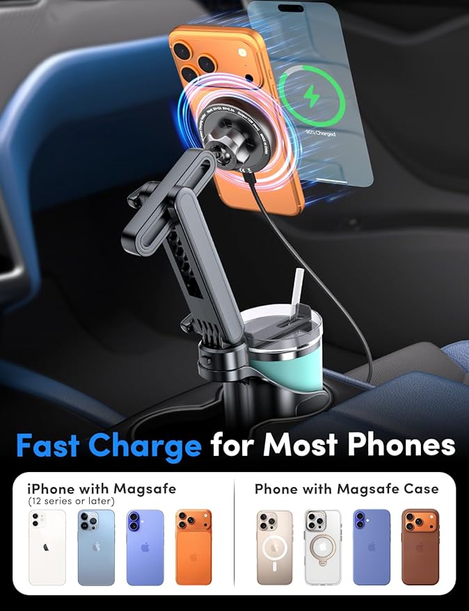 ELWEY for Magsafe Car Mount Charger Wireless, Upgraded 3 in 1 Cup Phone Holder with Dual Flexible Bases, 15W Fast Charging Phone Holder Magnetic, Powerful N55 Magnet, 15" Height, for iPhone 17 16 15