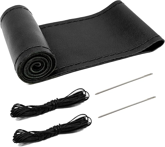 Direct PU Leather Steering Wheel Cover, 15 Inch Non-Slip Breathable/Soft and Comfortable Feeling, Genuine PU Leather Stitch On Wrap for Car Truck SUV - DIY Sewing with Needle Thread (Black)