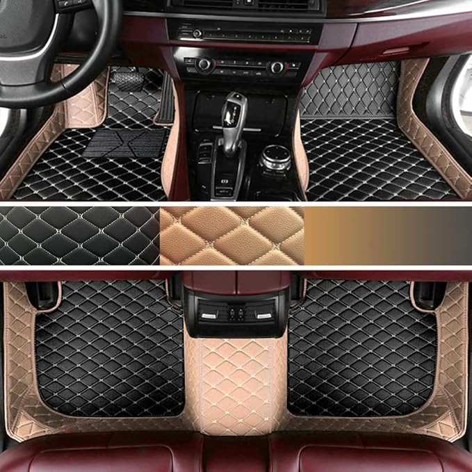 Custom Personalized Floor Mats for Cars - Luxury Full Coverage All Weather Mats, Anti-Slip Leather Mat Set, Fit for 99% of Cars, SUVs & Trucks (Beige&Black Beige, C-Double Color)