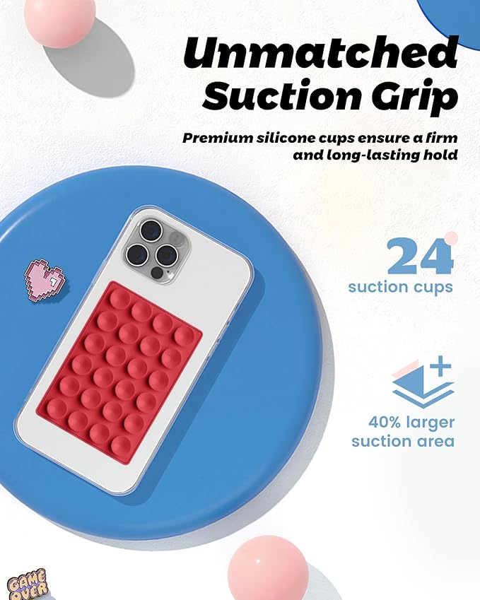 amBand Magnetic Sticky Phone Suction Grip for MagSafe, Removable for Wireless Charging, Durable Magnet Silicone Portable Mount Stand for iPhone 12 13 14 15 16 17, Hands-Free Video/Selfie, Cherry Red