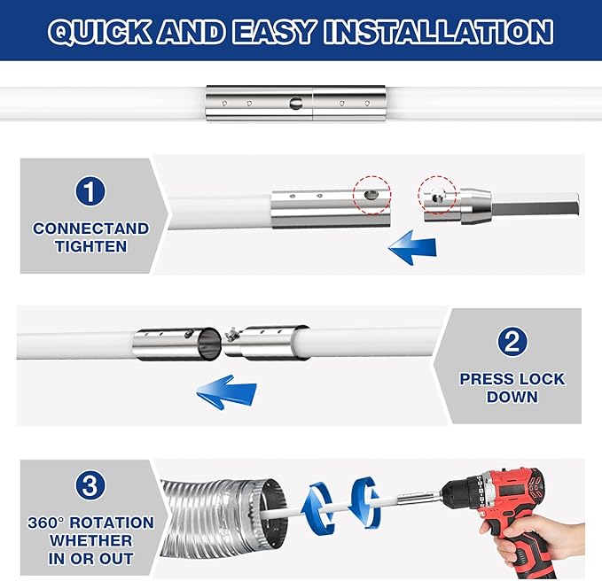 PetOde 32 Feet Dryer Vent Cleaner Kit, Enhanced Flexible Quick Snap Brush with Drill Attachment for Effective Cleaning, 360 Degree Rotation Without Loosening, Use with or Without a Power Drill