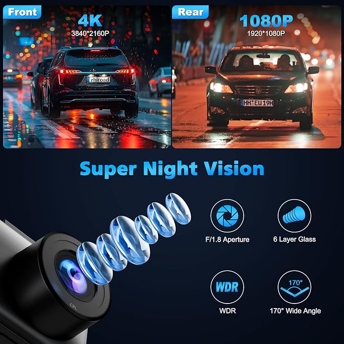 Dash Cam Front and Rear, 4K Dual Dash Cam with CPL Filter, Dash Camera for Cars-5GHz WiFi, 3" IPS Screen Dashcams for Cars with 64GB Card, App Control, Night Vision, Parking Monitor, Support 256GB Max