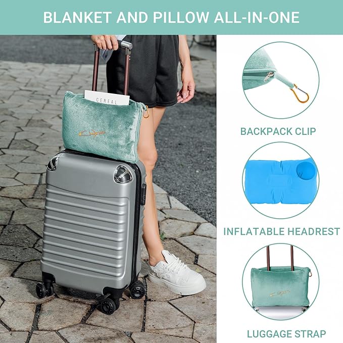 Travel Blanket & Pillow Set, 300 GSM Soft Fleece, 60x43 Inches, 3-in-1 Airplane Blanket, Travel Pillow and Blanket Set, Travel Blanket Airplane Compact with Bag, Travel Essentials,Mint Green